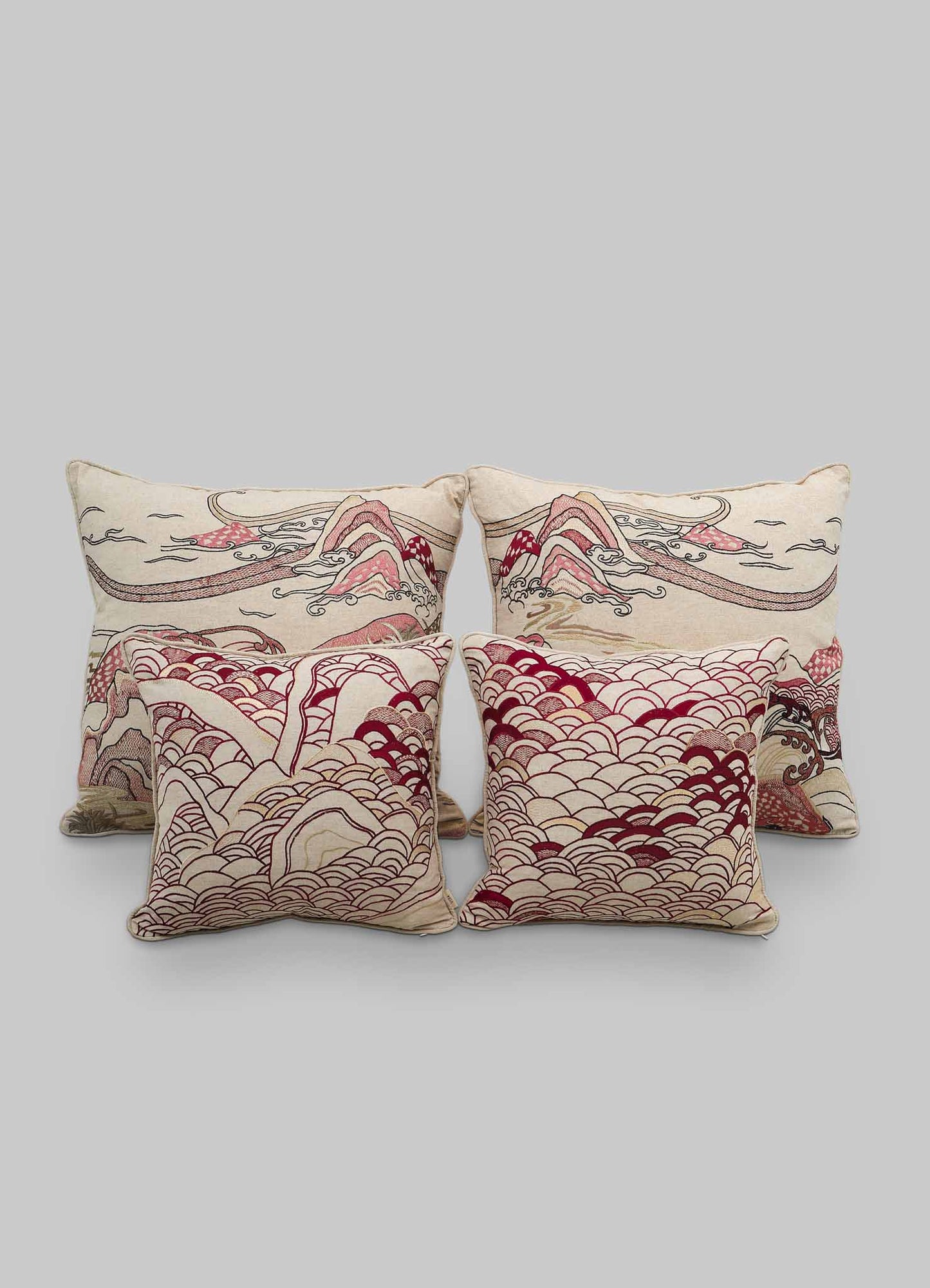 Dreamscape Red Embroidered Cushion Cover A 18"x18"
