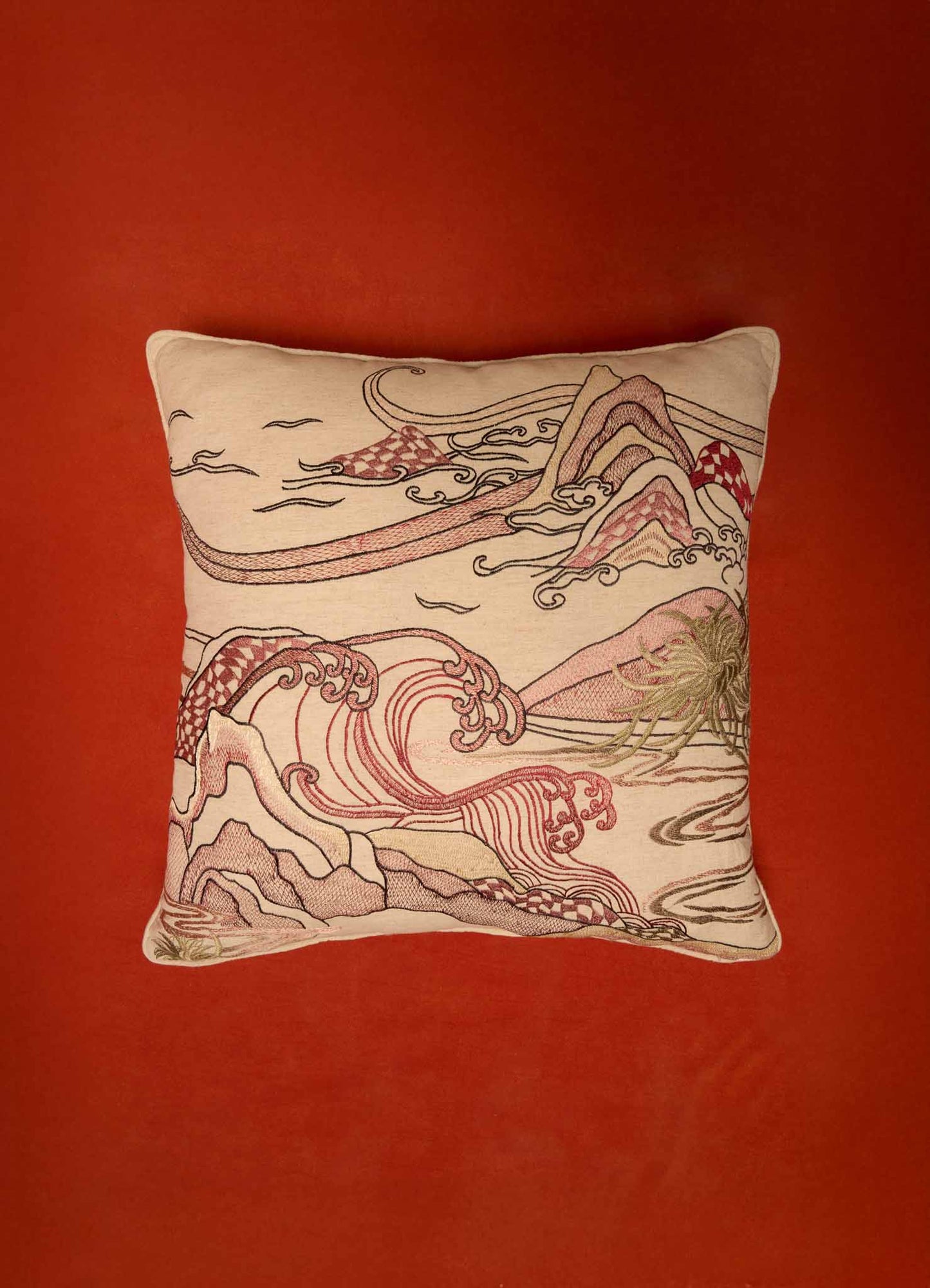 Dreamscape Red Embroidered Cushion Cover A 24"x24"
