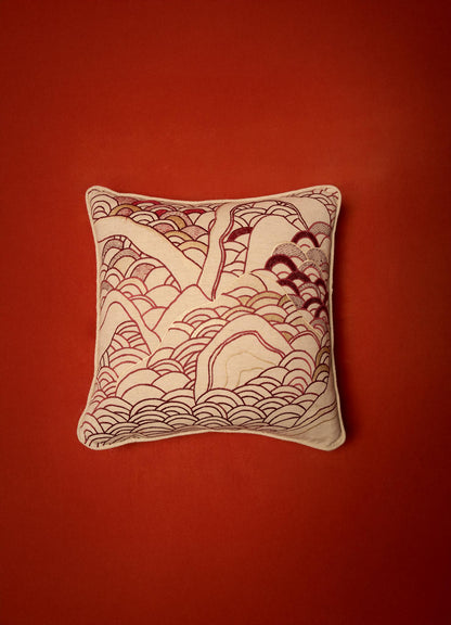 Dreamscape Red Embroidered Cushion Cover A 18"x18"