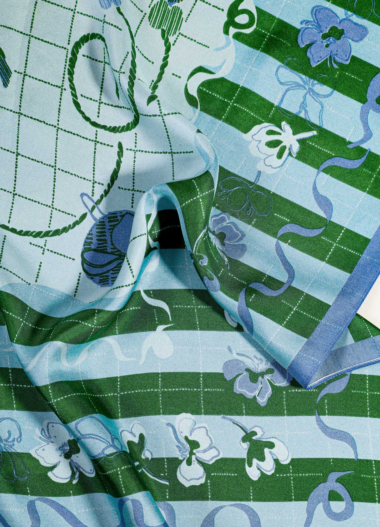 Flowers And Objects Green & Blue Silk Scarf