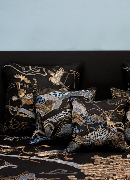 Dreamscape Leophant Black & Gold Embroidered Linen Cushion Cover 24"x24"