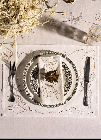 Blackbuck Dreams Hand Embroidered White & Gold Placemat