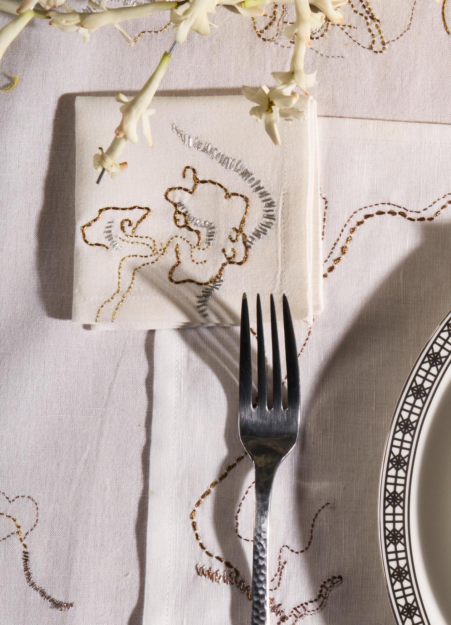 Blackbuck Dreams Hand Embroidered White & Gold Cocktail Napkins - Set of 4