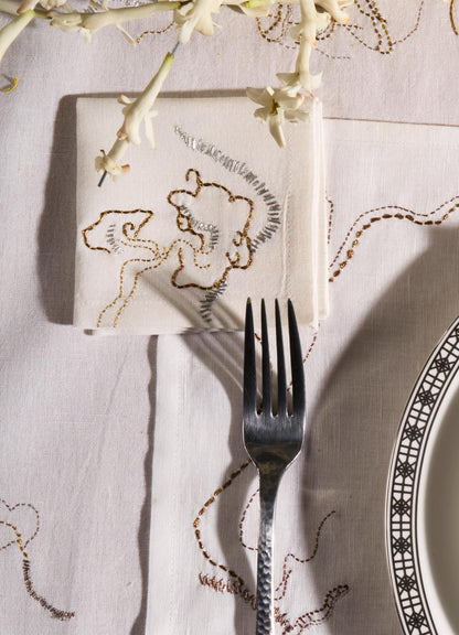 Blackbuck Dreams Hand Embroidered White & Gold Cocktail Napkins - Set of 4