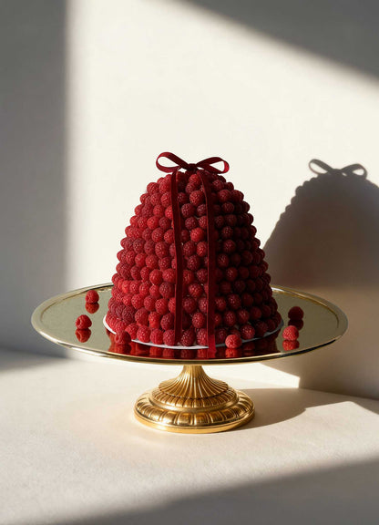 A dome-shaped cake crowned with fresh raspberries and a red ribbon rests on the VIYA City Palace Cake Platter. Handcrafted cast brass candelabras from Jaipur in Bloom add elegance, with raspberries scattered at the base.
