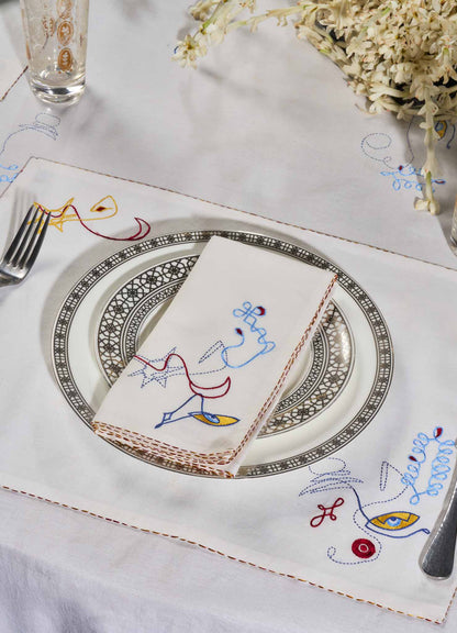Evil Eye Hand Embroidered White Napkin - Set of 2