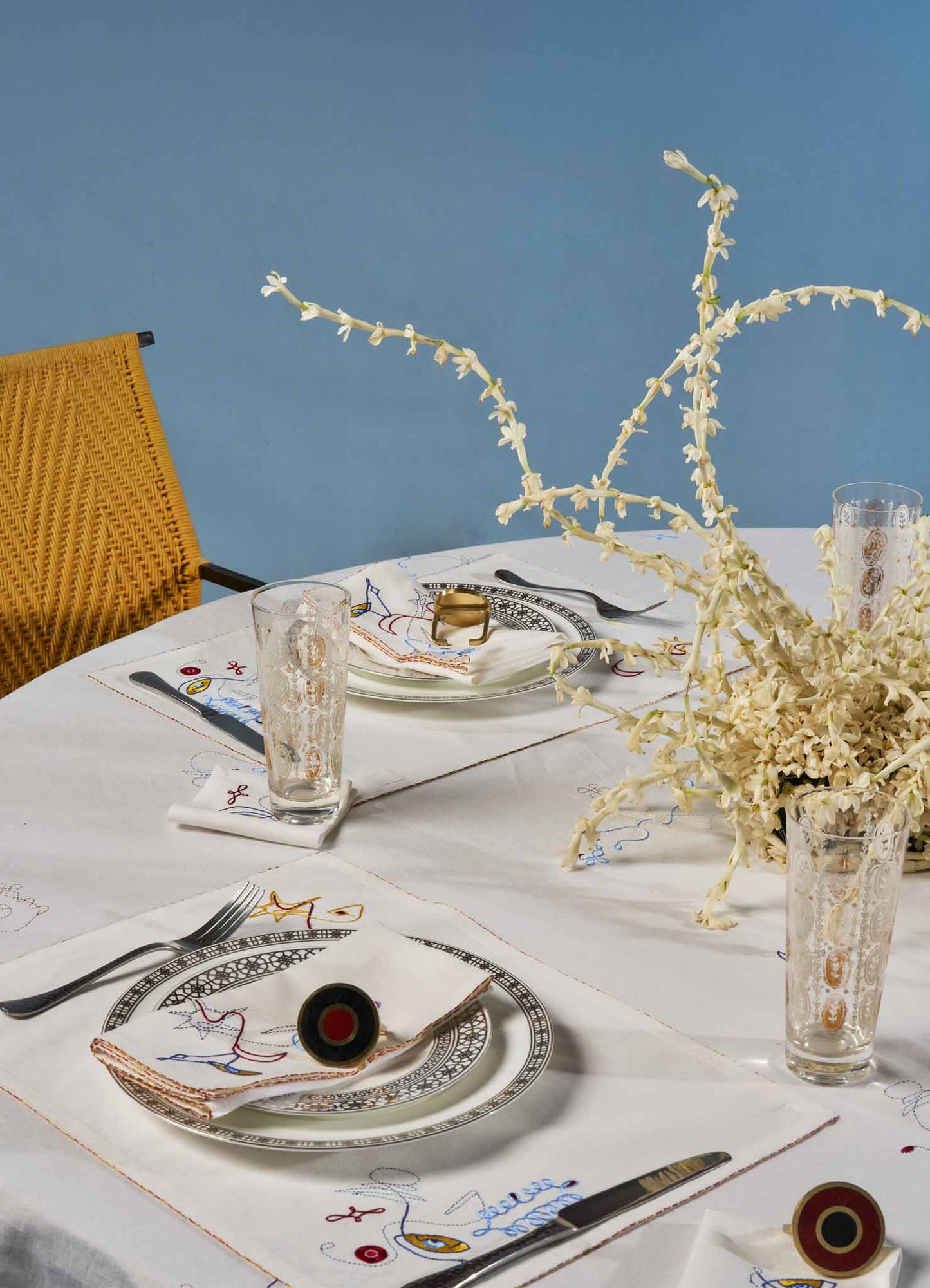 Evil Eye Hand Embroidered White Placemat - Set of 2