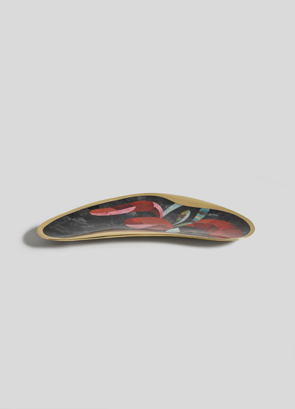 The VIYA Gardens Of India Bowl Large is an oval tray with a gold rim and a multicolored abstract design in red, black, and blue, inspired by Indian gardens. It is displayed on a light gray background.