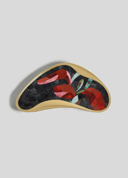 The Gardens Of India Bowl Large by VIYA features a modern gold-bordered design with a dark marbled background and abstract red, green, and pink shapes inspired by the vibrant hues of Indian gardens.