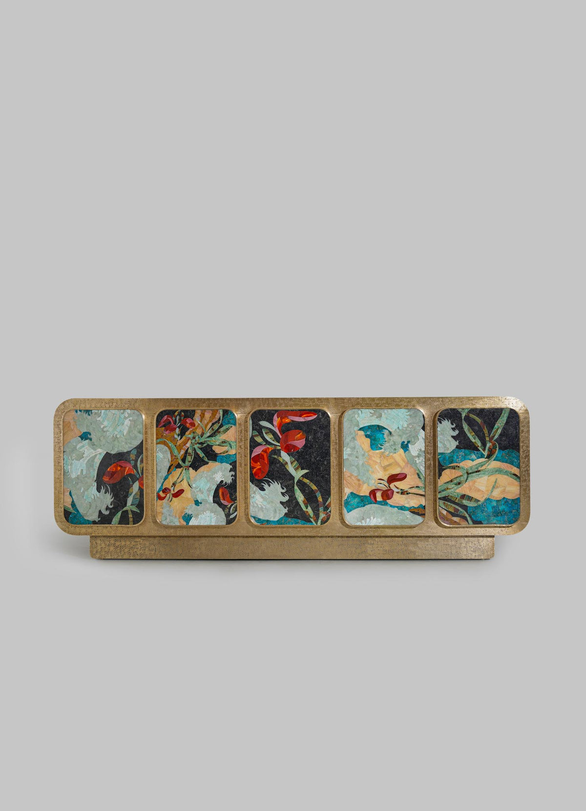 The VIYA Gardens Of India Cabinet showcases five wooden panels with vibrant, abstract koi fish and water plants in blue, white, and green, all set against a simple gray background.