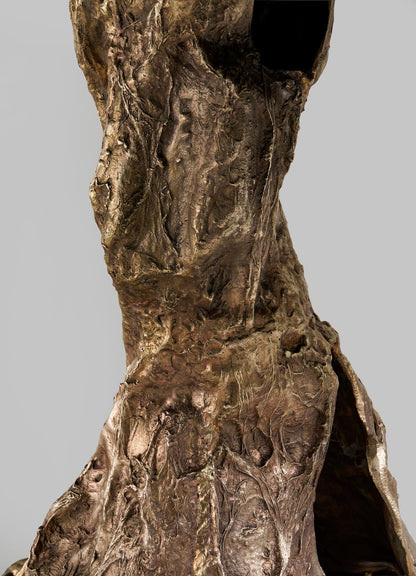 Close-up of the VIYA Kikar Dining Table, featuring textured bronze surfaces and organic folds. The abstract form reflects the rugged beauty of the Kikar tree, highlighting bronze’s natural look against a plain gray background.