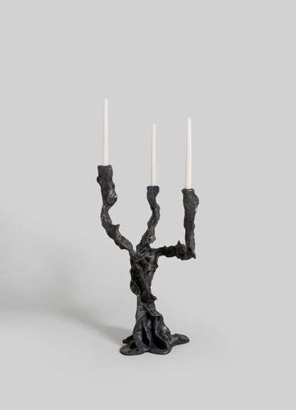 The VIYA Meghalaya Candelabra Small features three twisted, root bridge-inspired black metal branches holding slender white candles, displayed against a plain light gray background.