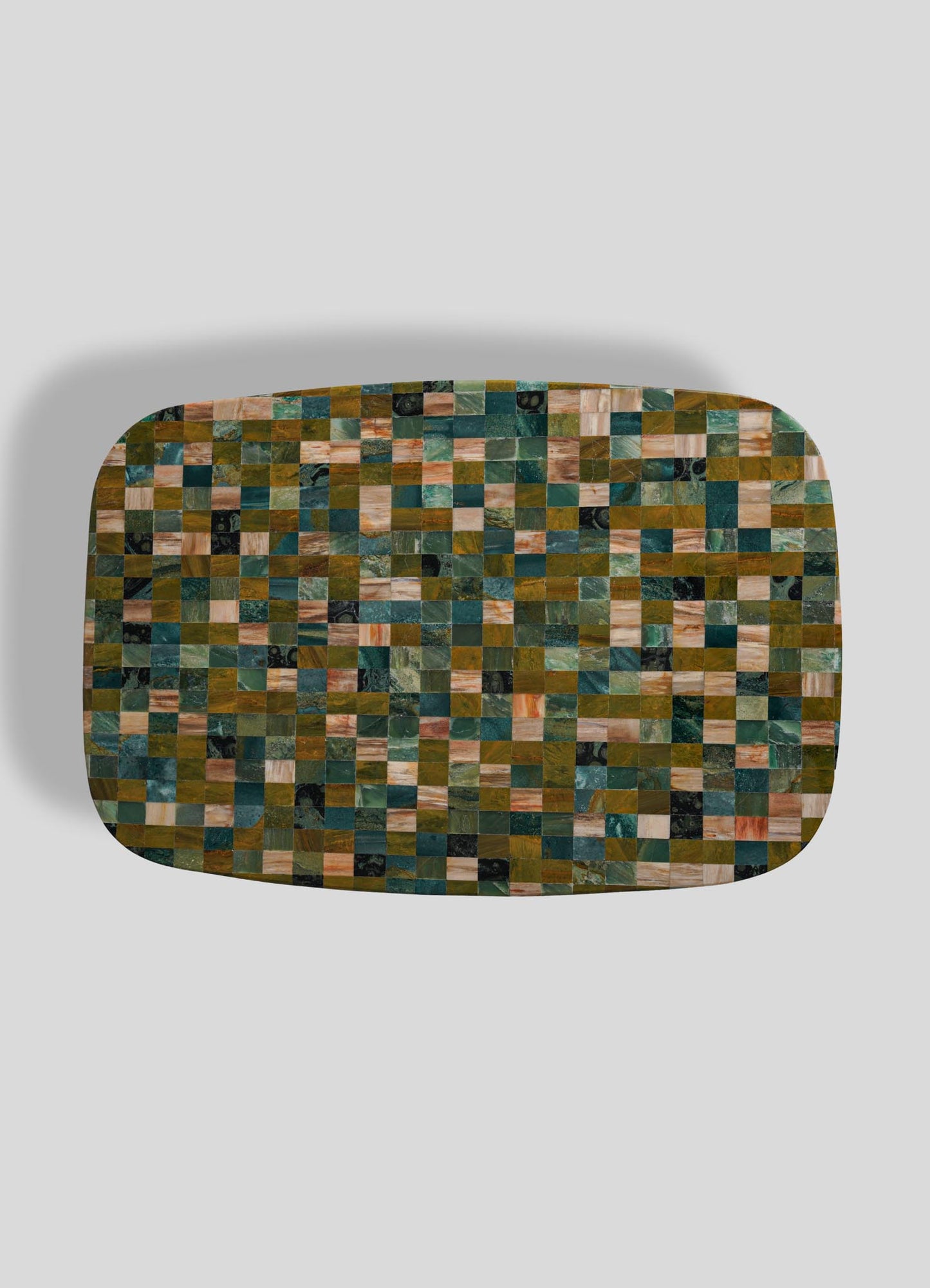 The VIYA Mosaic Side Table A features a rectangular tray with rounded edges, showcasing green, brown, beige, and black square tiles on a light gray background—ideal as an accent for your favorite mosaic table.