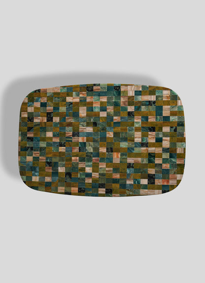 The VIYA Mosaic Side Table A features a rectangular tray with rounded edges, showcasing green, brown, beige, and black square tiles on a light gray background—ideal as an accent for your favorite mosaic table.