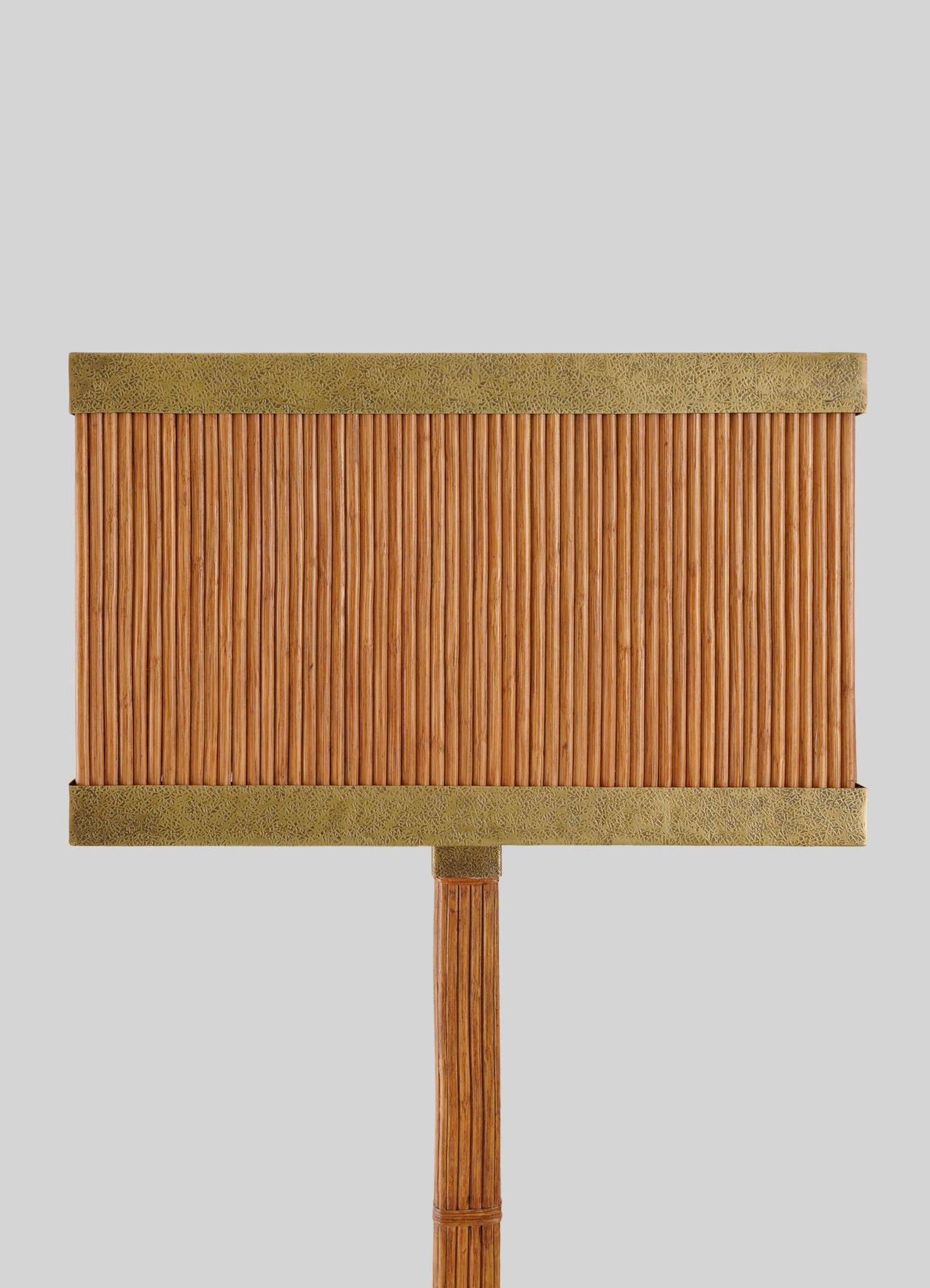The VIYA Namsai Floor Lamp Square features a textured vertical wooden slat design with brass trimmings on the top and bottom, mounted on a matching wood post, set against a plain light gray background.