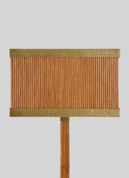 The VIYA Namsai Floor Lamp Square features a textured vertical wooden slat design with brass trimmings on the top and bottom, mounted on a matching wood post, set against a plain light gray background.