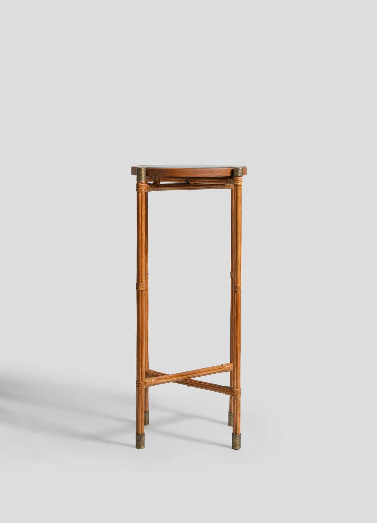 The VIYA Namsai Tray Table Tall features a slim, tall wooden frame with slender legs, brass-capped feet, and a square top, presented against a plain light gray background.