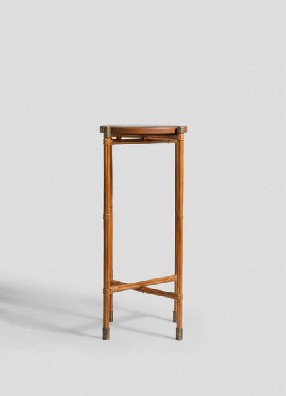 The VIYA Namsai Tray Table Tall features a slim, tall wooden frame with slender legs, brass-capped feet, and a square top, presented against a plain light gray background.