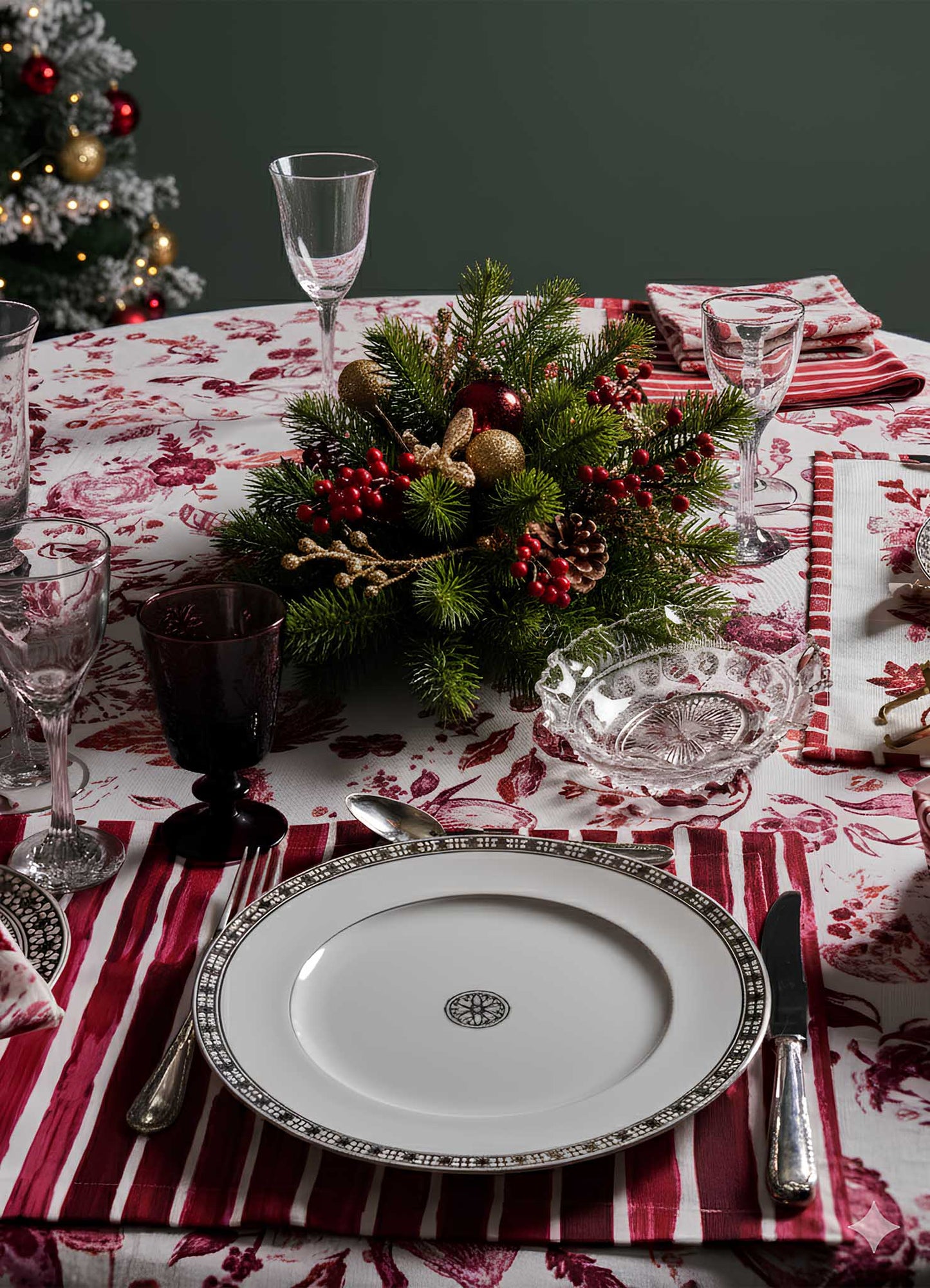 A festive table features Viya Orchard Red Stripe Placemats (set of 4), elegant plates, cutlery, glassware, and a centerpiece of pine branches, red berries, Indian pomegranate, and gold ornaments; a Christmas tree stands in the background.