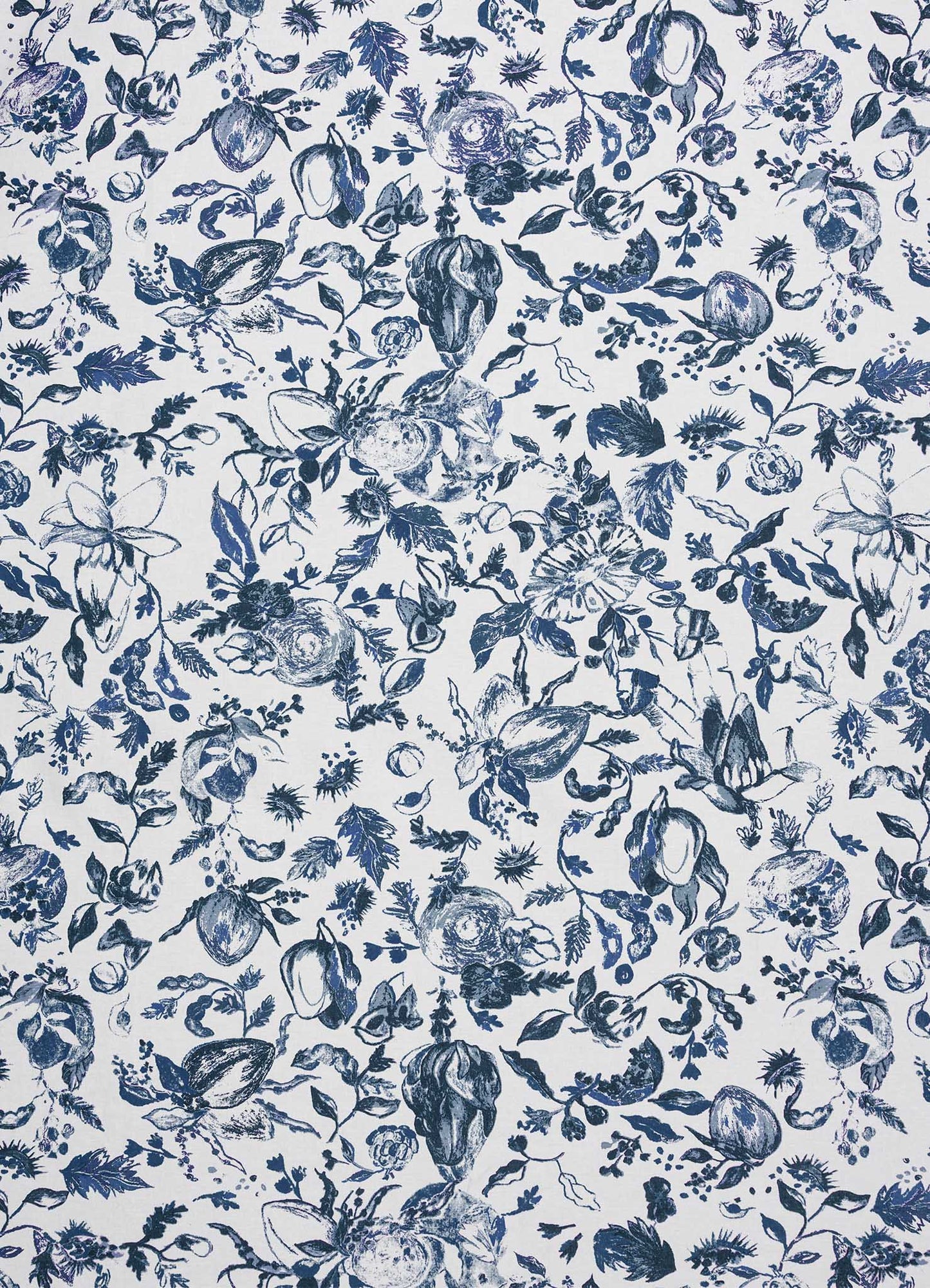 The Orchard Blue Table Cloth Large by Viya features a blue and white pattern with intricate floral and botanical designs, including wood apple and Indian pomegranate motifs inspired by Indian fruit orchards, evenly spread across the fabric.