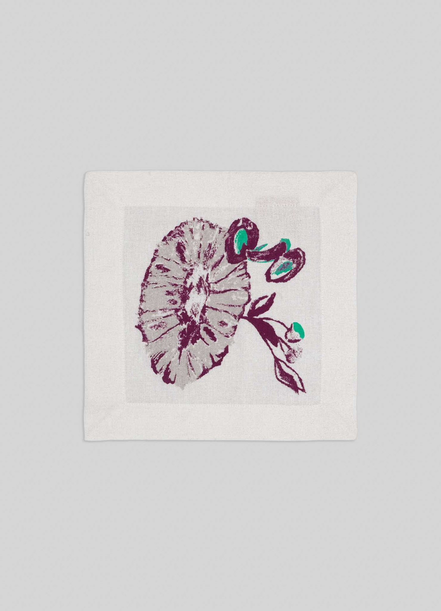 The Orchard Green Cocktail Napkins (Set of 4) by Viya feature a stylized mushroom in purple, gray, and green—ideal for bringing Indian fruit orchard charm to your table.
