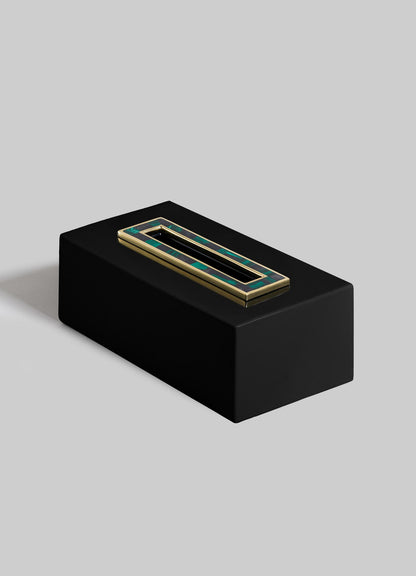 The VIYA Rivoli Tissue Box features a black rectangular design with gold and green Art Deco-inspired outlines on top, evoking classic Bombay cinema halls, set against a light gray background.