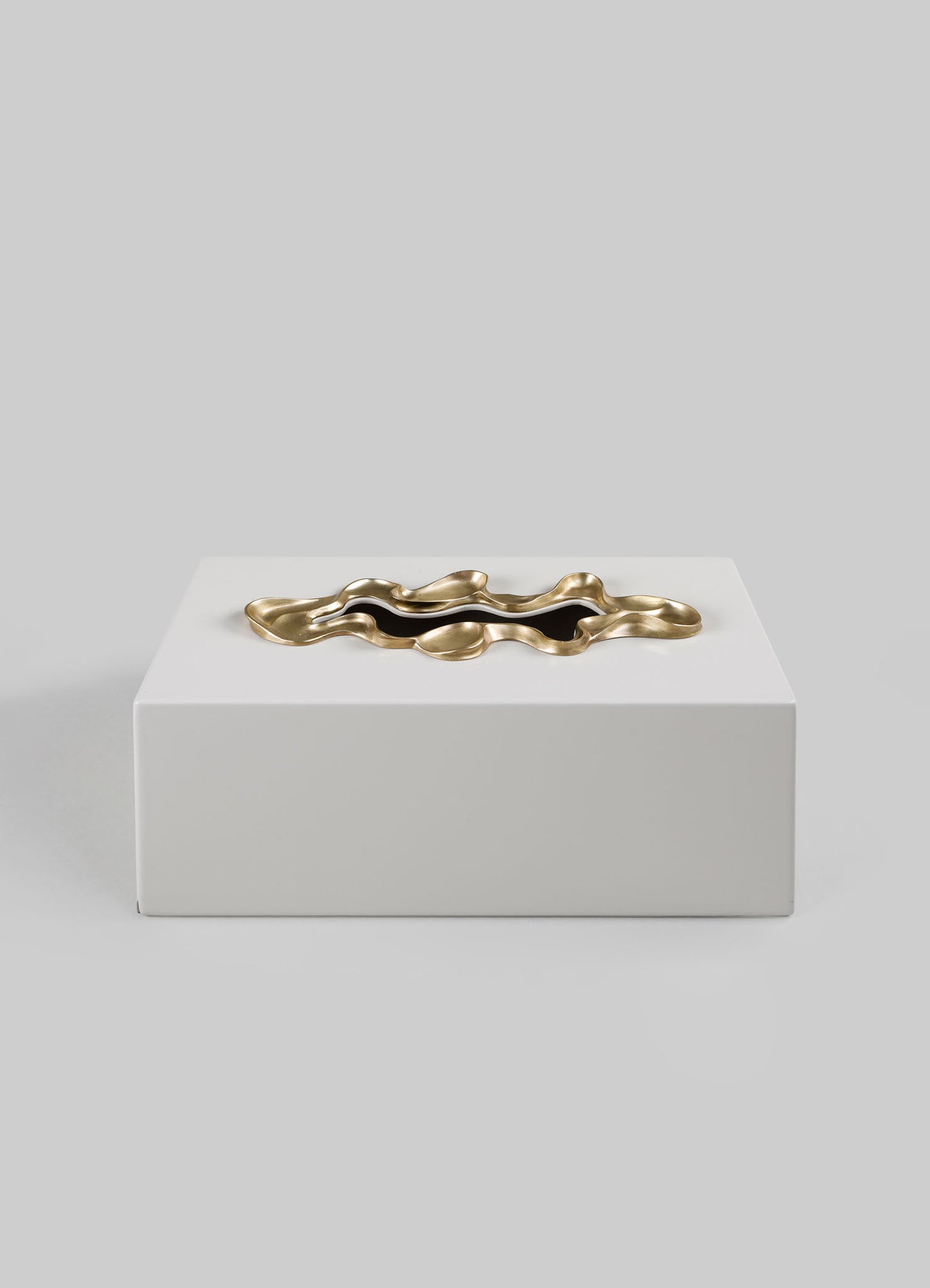 The VIYA Saffron Tissue Box Large is a rectangular white box featuring a shiny, irregular gold accent on top, displayed against a plain light gray background.