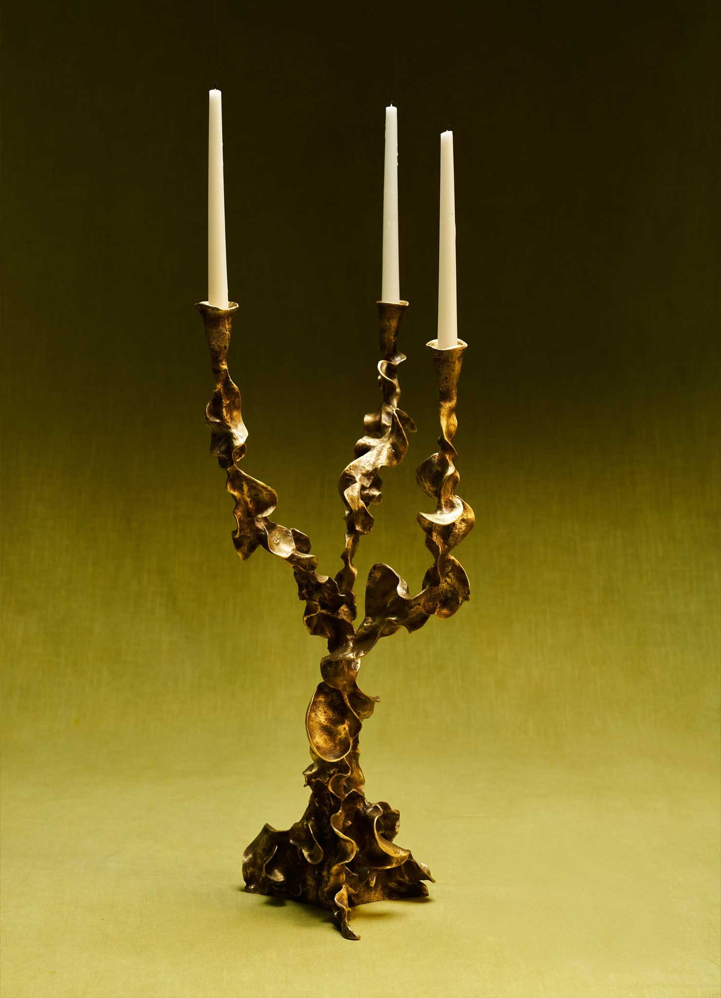 Brass candle holder with an organic, twisted design and a metallic gold finish, holding three tall white taper candles against a dark background.