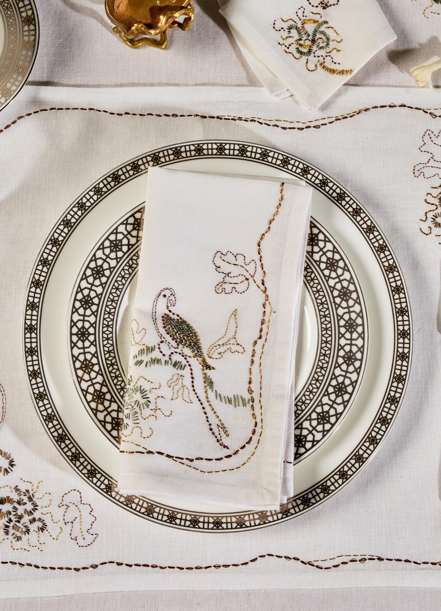 Tree Full of Parrots Hand Embroidered White & Gold Napkin