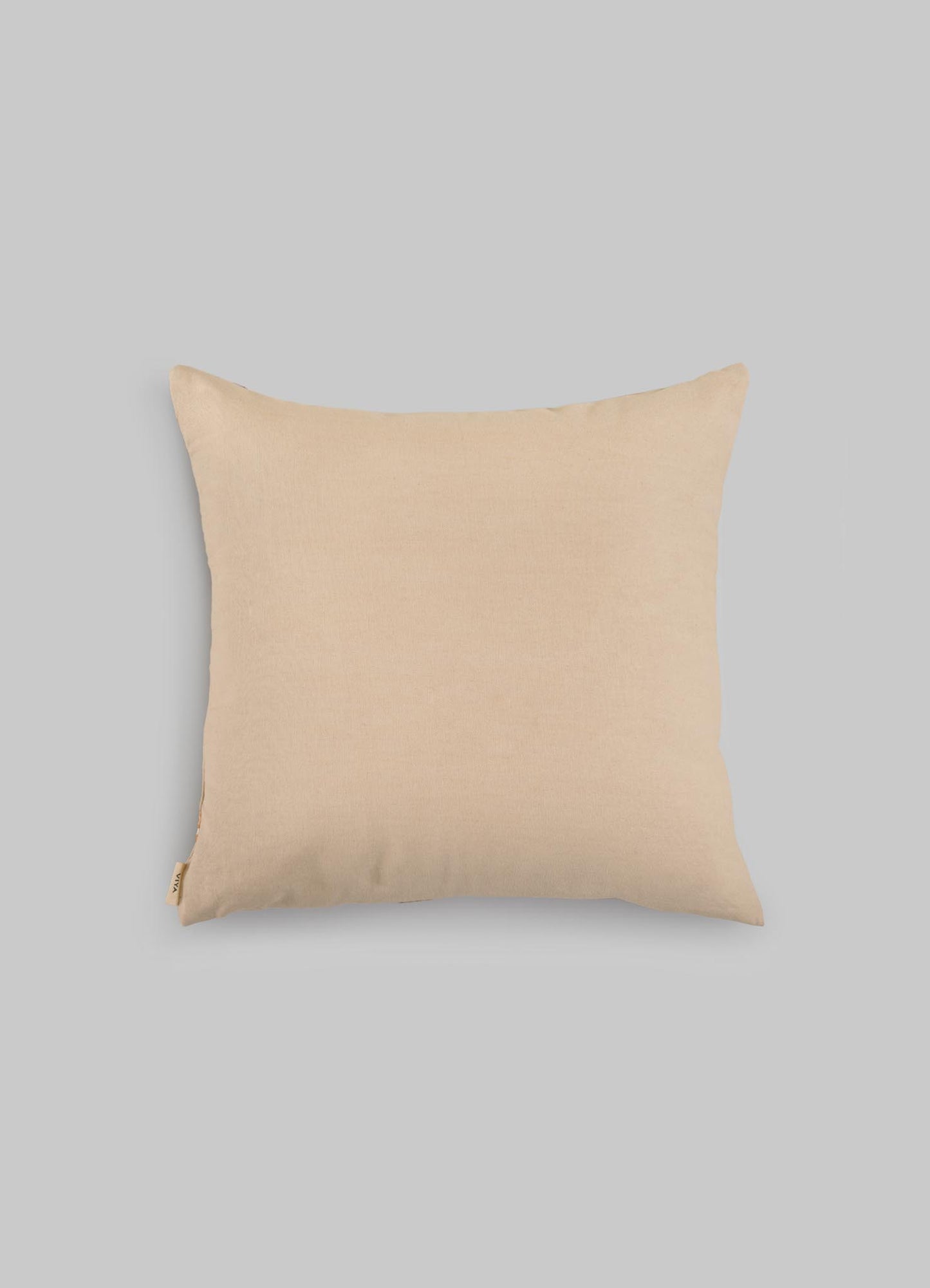 The Viya Tutti Frutti Salmon Pink Cushion Cover 18"x18" features a smooth fabric texture and is displayed centered on a light gray background, making it perfect for pairing with hand-embroidered cushions.