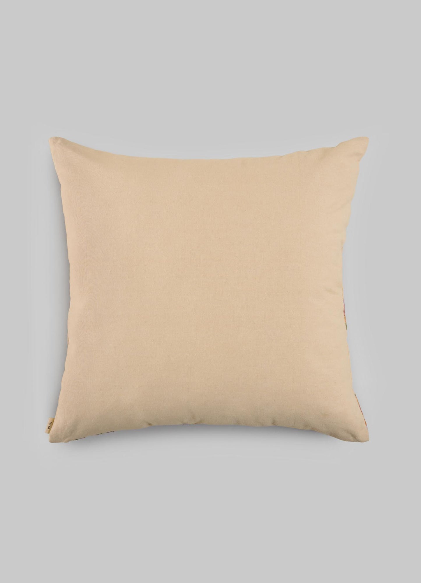 The Viya Tutti Frutti Salmon Pink Cushion Cover (24"x24") features smooth fabric and a hand-embroidered look, shown against a light gray background.