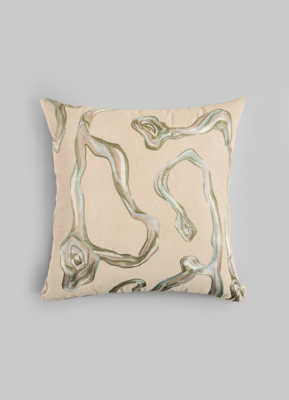 The Viya Tutti Frutti Sea Green Cushion Cover 24"x24" features an abstract pattern of wavy green and brown lines, echoing natural formations—an elegant accent to pair with your favorite table linen.