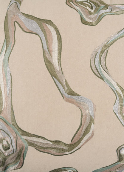 The Viya Tutti Frutti Sea Green Cushion Cover (24"x24") features beige fabric with abstract, wavy green, brown, and white patterns—ideal for adding Cartier Tutti Frutti-inspired elegance to your decor.