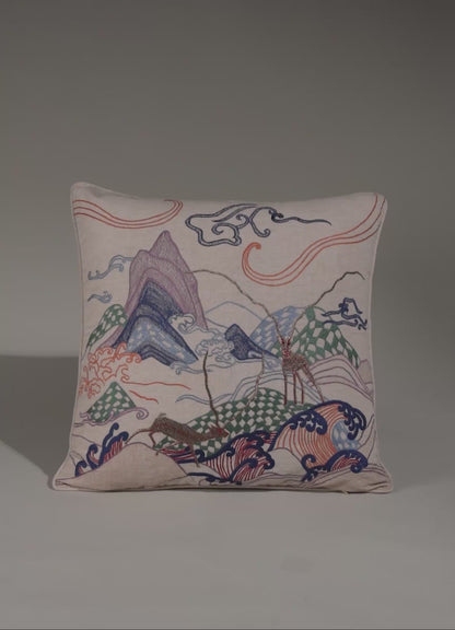 Dreamscape Blackbuck Multicolour Embroidered Cushion Cover 24"x24"